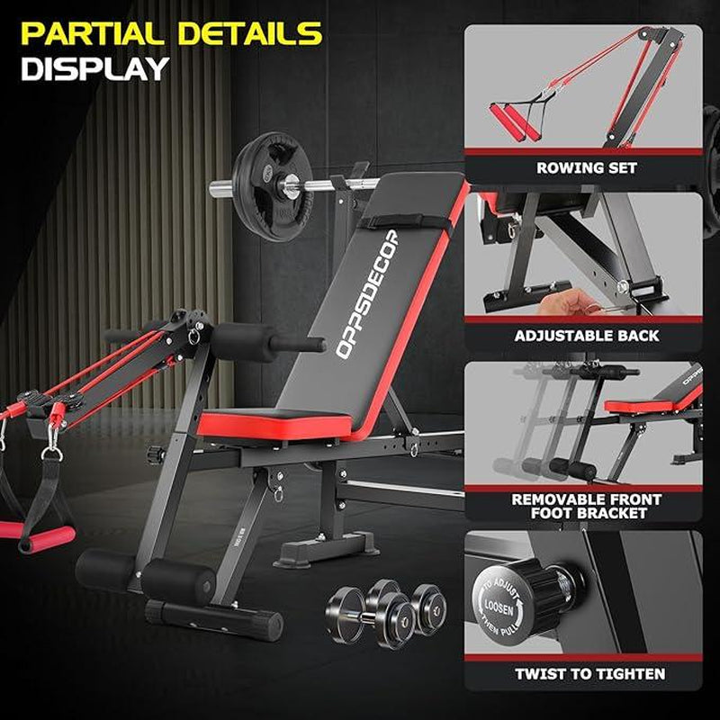 【Fathersdaygift】Oppsdecor 8 in 1 Foldable Weight Bench Set with Squat Rack, Adjustable Bench Press,Flat Incline Decline Sit up Bench with Removable Foot Catch & Elastic Ropes
