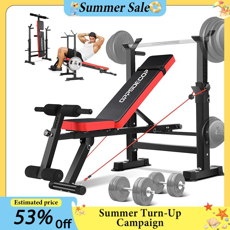 【Fathersdaygift】Oppsdecor 8 in 1 Foldable Weight Bench Set with Squat Rack, Adjustable Bench Press,Flat Incline Decline Sit up Bench with Removable Foot Catch & Elastic Ropes