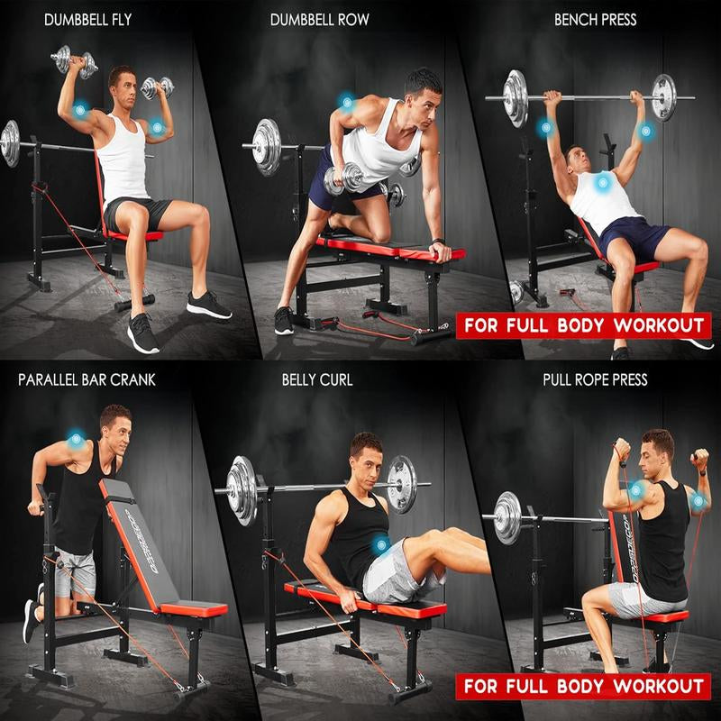 【Fathersdaygift】Oppsdecor 8 in 1 Foldable Weight Bench Set with Squat Rack, Adjustable Bench Press,Flat Incline Decline Sit up Bench with Removable Foot Catch & Elastic Ropes