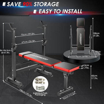 【Fathersdaygift】Oppsdecor 8 in 1 Foldable Weight Bench Set with Squat Rack, Adjustable Bench Press,Flat Incline Decline Sit up Bench with Removable Foot Catch & Elastic Ropes