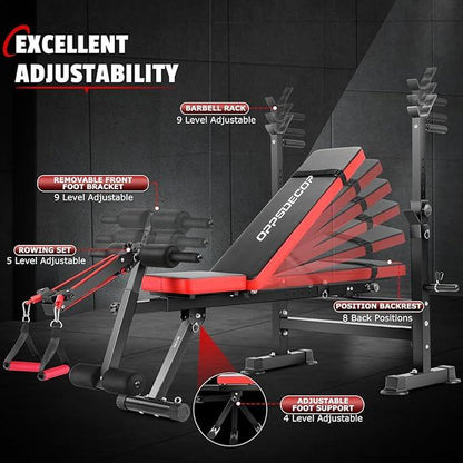 【Fathersdaygift】Oppsdecor 8 in 1 Foldable Weight Bench Set with Squat Rack, Adjustable Bench Press,Flat Incline Decline Sit up Bench with Removable Foot Catch & Elastic Ropes