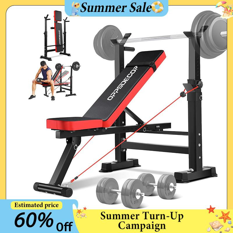 【Fathersdaygift】Oppsdecor 8 in 1 Foldable Weight Bench Set with Squat Rack, Adjustable Bench Press,Flat Incline Decline Sit up Bench with Removable Foot Catch & Elastic Ropes