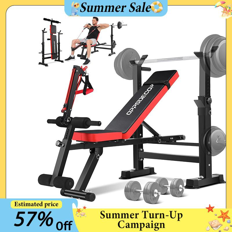 【Fathersdaygift】Oppsdecor 8 in 1 Foldable Weight Bench Set with Squat Rack, Adjustable Bench Press,Flat Incline Decline Sit up Bench with Removable Foot Catch & Elastic Ropes