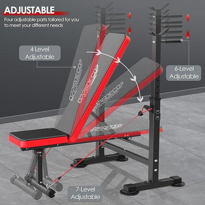 【Fathersdaygift】Oppsdecor 8 in 1 Foldable Weight Bench Set with Squat Rack, Adjustable Bench Press,Flat Incline Decline Sit up Bench with Removable Foot Catch & Elastic Ropes