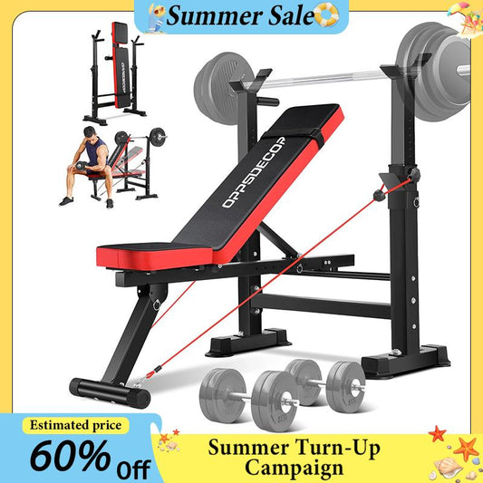 【Fathersdaygift】Oppsdecor 8 in 1 Foldable Weight Bench Set with Squat Rack, Adjustable Bench Press,Flat Incline Decline Sit up Bench with Removable Foot Catch & Elastic Ropes